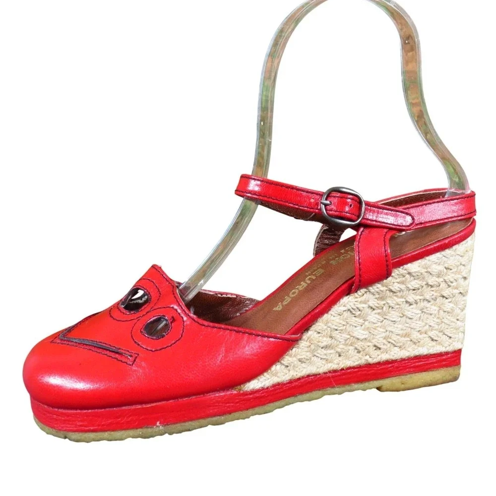Collection‎ Europa Womens Wedge Espadrille Sandals Sz 7 Narrow Red Leather Spain